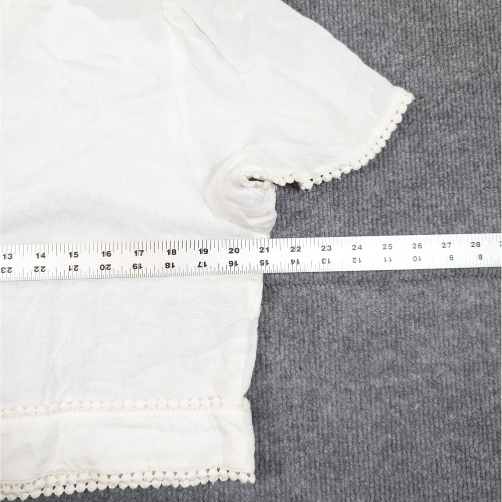 Crop Top Linen Blend Shirt Women 12 White Pompom Trim Festival Boho Cottagecore - Picture 9 of 11